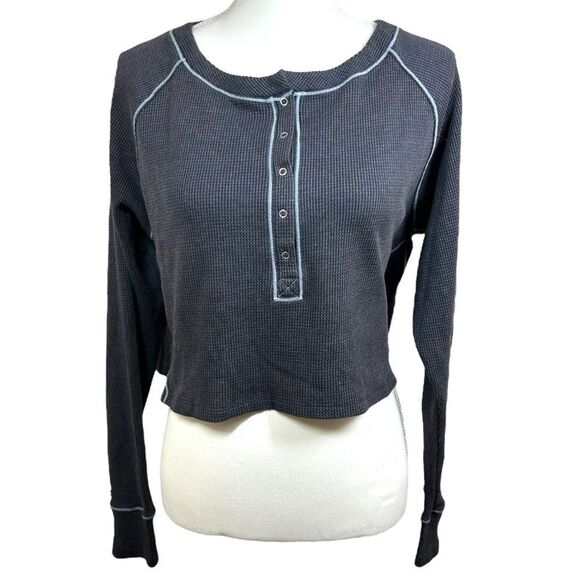Intimately Free People Early Night Crop Top Henley Thermal Long Sleeve Large - Picture 1 of 7